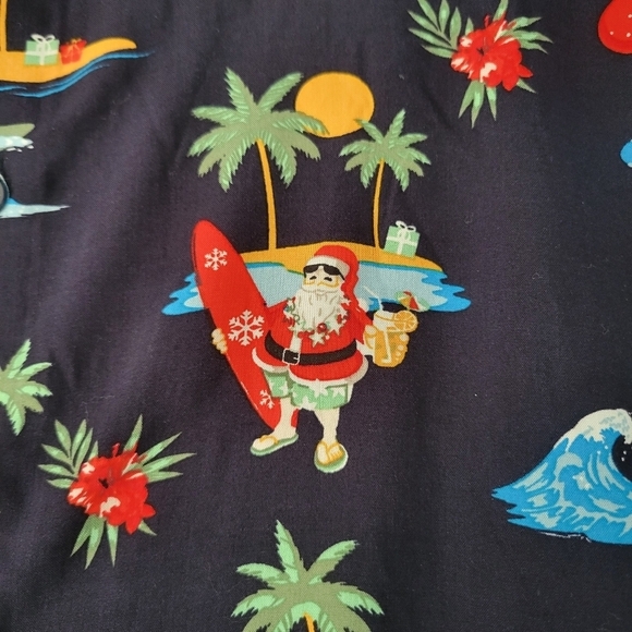 DENIM & FLOWER BUTTON UP MEN'S HAWAIIAN SHIRT SURFING SANTA Navy Blue Size S - Picture 3 of 8